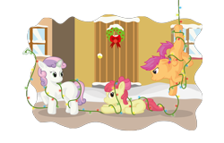 Size: 2408x1539 | Tagged: safe, artist:kukotte, derpibooru import, apple bloom, scootaloo, sweetie belle, christmas lights, cutie mark crusaders, tree sap and pine needles