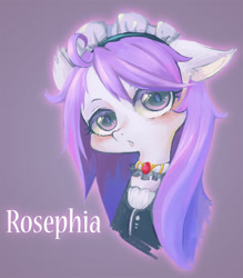 Size: 1000x1144 | Tagged: safe, artist:kuma8696, derpibooru import, oc, oc only, oc:rosephia, earth pony, pony, :o, blushing, bust, choker, clothes, female, gradient background, looking at you, maid, mare, open mouth, portrait, simple background, solo