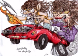 Size: 3456x2470 | Tagged: safe, artist:megaphonnic, derpibooru import, wild fire, human, breasts, car, ed roth, female, halberd, rat fink, sibsy