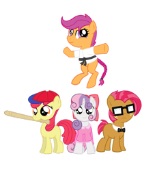 Size: 852x938 | Tagged: safe, artist:rizzych, derpibooru import, apple bloom, babs seed, scootaloo, sweetie belle, baseball bat, clothes, cosplay, cutie mark crusaders, earthbound, glasses, jeff andonuts, ness, paula polestar, poo (character), simple background, transparent background