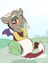 Size: 744x963 | Tagged: safe, artist:lincub, derpibooru import, discord, baby, diaper, pacifier, poofy diaper, solo