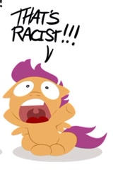 Size: 558x837 | Tagged: safe, artist:raygirl, derpibooru import, scootaloo, pegasus, pony, cropped, female, filly, foal, hooves, lineless, meme, open mouth, reaction image, sitting, solo, teeth, that's racist, wings