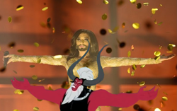 Size: 1283x804 | Tagged: safe, derpibooru import, lord tirek, twilight's kingdom, conchita wurst, crossdressing, eurovision song contest, exploitable meme, lord tirek's outstretched arms, meme