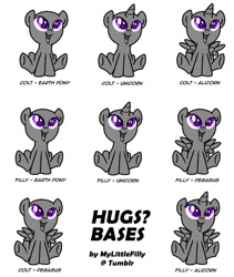 Size: 822x972 | Tagged: safe, artist:jackiephantom13, derpibooru import, alicorn, earth pony, pegasus, pony, unicorn, base, colt, filly, hug