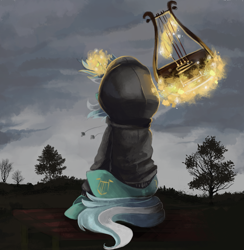 Size: 3784x3872 | Tagged: dead source, safe, artist:matrosha123, derpibooru import, lyra heartstrings, fanfic:background pony, clothes, dark, fanfic art, high res, hoodie, lyre, magic, ponies wearing black, solo