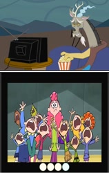 Size: 432x684 | Tagged: safe, discord, death, evil, exploitable meme, meme, obligatory pony, popcorn, squashed, tv meme, wayside