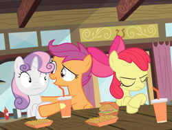 Size: 12000x9000 | Tagged: safe, artist:csillaghullo, apple bloom, scootaloo, sweetie belle, twilight time, :, absurd resolution, awkward, box, burger, cup, cutie mark crusaders, drink, faic, food, french fries, frown, hamburger, hay burger, hay fries, ketchup, sandwich, scene interpretation, smiling, straw, unsure, vector