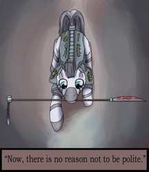 Size: 1170x1350 | Tagged: safe, artist:pantzar, derpibooru import, oc, oc only, zebra, fallout equestria, quote, solo