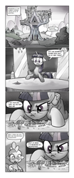 Size: 665x1592 | Tagged: safe, artist:charcoal pony, artist:pencils, edit, spike, twilight sparkle, twilight sparkle (alicorn), alicorn, dragon, pony, comic:anon's pie adventure, comic, comic sans, female, funny, humor, mare, monochrome, rock farm, twilight's castle