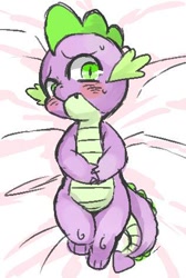 Size: 316x470 | Tagged: safe, artist:susu, derpibooru import, spike, dragon, baby, baby dragon, bed, blushing, cute, fangs, green eyes, male, nervous, on back, solo, spikabetes, sweat, sweatdrop