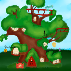 Size: 1925x1925 | Tagged: safe, artist:katsu, derpibooru import, beehive, golden oaks library, grass, house, library, pony removed, sky