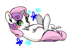 Size: 500x345 | Tagged: safe, artist:phyllismi, derpibooru import, sweetie belle, on back, solo