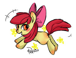 Size: 490x379 | Tagged: safe, artist:phyllismi, derpibooru import, apple bloom, earth pony, pony, female, filly, open mouth, signature, simple background, solo, white background