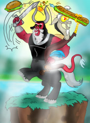 Size: 760x1041 | Tagged: safe, artist:seriousdog, derpibooru import, discord, lord tirek, twilight's kingdom, sandwich, sword, weapon