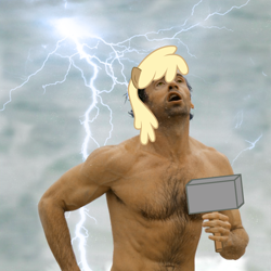 Size: 1000x1000 | Tagged: safe, artist:pixelsofsin, mjölna, human, background pony, exploitable meme, forced meme, hugh jackman, irl, irl human, meme, my little hugh, photo, solo