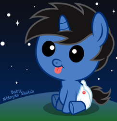 Size: 1024x1055 | Tagged: safe, artist:midnytesketch, derpibooru import, oc, oc only, oc:midnyte sketch, :p, baby, cute, diaper, foal, midnyte sketch, night, sitting, smiling, solo, stars, tongue out