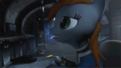 Size: 700x394 | Tagged: safe, artist:ata64, derpibooru import, oc, oc only, oc:littlepip, pony, unicorn, fallout equestria, 3d, animated, clothes, faceplant, fallout, fanfic, fanfic art, female, gif, hooves, horn, mare, pipbuck, solo, source filmmaker, stable, stable 2, vault suit