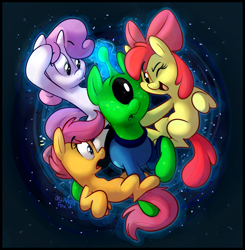 Size: 1072x1096 | Tagged: safe, artist:thedoggygal, derpibooru import, apple bloom, scootaloo, sweetie belle, alien, cutie mark crusaders