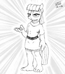 Size: 500x575 | Tagged: safe, artist:drjavi, derpibooru import, boulder (pet), maud pie, anthro, plantigrade anthro, barefoot, feet, monochrome, solo