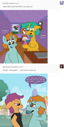 Size: 672x1337 | Tagged: safe, artist:apartment2bmod, derpibooru import, scootaloo, snails, snips, pony, unicorn, ask, ask adult snips and snails, beard, bed, clothes, comic, factory scootaloo, female, keyboard, male, mare, older, older scootaloo, older snails, older snips, shirt, snail, stallion, tumblr