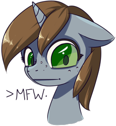 Size: 900x980 | Tagged: safe, artist:inlucidreverie, derpibooru import, oc, oc only, oc:littlepip, pony, unicorn, fallout equestria, /mlp/, female, freckles, mare, mfw, reaction image, simple background, solo, transparent background