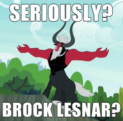 Size: 610x600 | Tagged: safe, derpibooru import, lord tirek, centaur, twilight's kingdom, 21-1, brock lesnar, exploitable meme, horns, lord tirek's outstretched arms, male, meme, nose ring, open mouth, solo, text, the undertaker, tree, undertaker, wwe