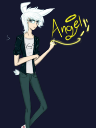 Size: 1200x1600 | Tagged: safe, artist:marcy123, angel bunny, human, angel is a bunny bastard, eared humanization, humanized, humanized pet, middle finger, solo, tailed humanization, vulgar