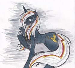 Size: 2451x2217 | Tagged: safe, artist:zubias, derpibooru import, oc, oc only, oc:velvet remedy, pony, unicorn, fallout equestria, fanfic, fanfic art, female, horn, mare, microphone, simple background, solo, traditional art, white background