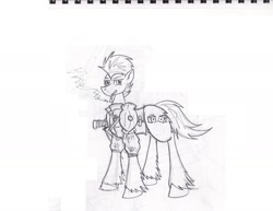 Size: 1280x987 | Tagged: safe, artist:zubias, derpibooru import, oc, oc only, fallout equestria, monochrome, sketch, solo, traditional art