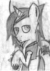 Size: 747x1069 | Tagged: safe, artist:mane-shaker, derpibooru import, oc, oc only, oc:mane shaker, looking at you, monochrome, solo, traditional art