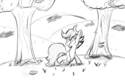 Size: 900x576 | Tagged: safe, artist:paucity-luxuriance, derpibooru import, scootaloo, monochrome, solo, tree