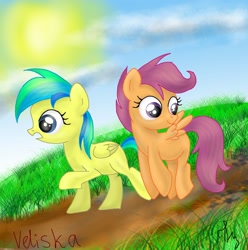 Size: 1936x1953 | Tagged: safe, artist:veliska, scootaloo, oc, oc:aurora, oc:aurora dawn