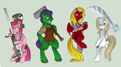 Size: 2000x1100 | Tagged: safe, artist:pitchpatch, derpibooru import, oc, oc only, oc:gunrunner, oc:jackslap, oc:mira stronghoof, oc:sharp breath, bat pony, cyborg, earth pony, pegasus, pony, unicorn, fallout equestria, 10/6, group, group shot, hammer, harkonnen, hat, mad hatter hat, sword, the gunrunners, top hat, weapon