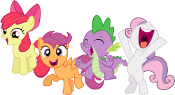 Size: 1215x661 | Tagged: safe, artist:cheezedoodle96, derpibooru import, apple bloom, scootaloo, spike, sweetie belle, dragon, earth pony, pegasus, pony, unicorn, .svg available, adorabloom, balancing, bipedal, bow, cheering, cute, cutie mark crusaders, female, filly, friendshipping, happy, jumping, nose in the air, open mouth, raised leg, simple background, svg, tongue out, transparent background, uvula, vector