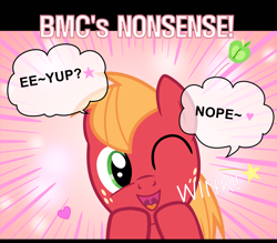 Size: 1600x1400 | Tagged: safe, artist:s.guri, derpibooru import, big macintosh, earth pony, pony, americano exodus, apple, cute, eeyup, happy, heart, looking at you, macabetes, male, nope, open mouth, parody, smiling, solo, stallion, stars, uvula, vector, wink