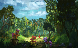 Size: 4200x2625 | Tagged: safe, artist:lukeine, derpibooru import, apple bloom, scootaloo, sweetie belle, bird, absurd resolution, cutie mark crusaders, forest, scenery