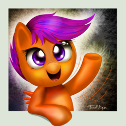 Size: 1000x1000 | Tagged: safe, artist:finalaspex, derpibooru import, scootaloo, :d, smiling, solo, waving