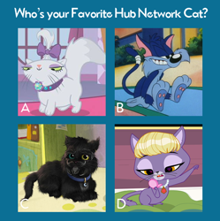 Size: 564x566 | Tagged: safe, derpibooru import, opalescence, delilah, furrball, hub network, littlest pet shop, official, sabrina secrets of a teenage witch, salem, text, tiny toon adventures