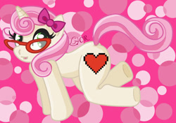 Size: 900x633 | Tagged: safe, artist:ladypixelheart, oc, oc only, oc:pixel heart, pony, unicorn, anatomically incorrect, bow, glasses, incorrect leg anatomy, plot, solo