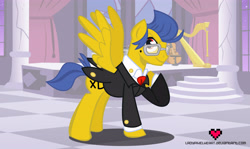 Size: 5354x3200 | Tagged: safe, artist:ladypixelheart, oc, oc only, oc:laugh track, clothes, frock coat, glasses, solo, suit, tuxedo