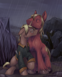 Size: 1552x1916 | Tagged: safe, artist:gsphere, derpibooru import, big macintosh, trenderhoof, earth pony, pony, gay, male, rain, shipping, stallion, trendermac, wet mane