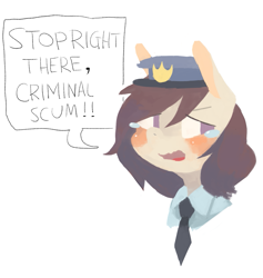 Size: 1267x1339 | Tagged: dead source, safe, artist:berrydrops, derpibooru import, oc, oc only, oc:pocket, semi-anthro, clothes, crying, female, meme, police, simple background, solo, speech bubble, stop right there criminal scum, teary eyes, uniform, white background