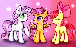 Size: 1024x637 | Tagged: safe, artist:sarahthepegasister, apple bloom, scootaloo, sweetie belle, cutie mark crusaders