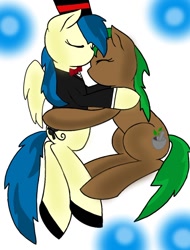 Size: 780x1025 | Tagged: safe, artist:samurott77, oc, oc only, oc:astral blitzen, oc:sage leaf, earth pony, pegasus, pony, clothes, eyes closed, female, hat, hug, lesbian, nuzzling, on side, top hat, tuxedo