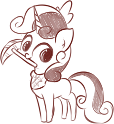 Size: 676x731 | Tagged: safe, artist:rice, sweetie belle, cute, monochrome, pickaxe, sketch, solo