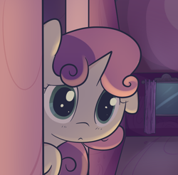 Size: 1280x1260 | Tagged: safe, artist:spikedmauler, derpibooru import, sweetie belle, :<, floppy ears, frown, peeking, solo