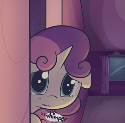 Size: 1280x1260 | Tagged: safe, artist:spikedmauler, derpibooru import, sweetie belle, crying, floppy ears, looking at you, peeking, sad, scared, solo, wavy mouth