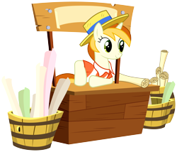 Size: 8165x7000 | Tagged: safe, artist:bobsicle0, derpibooru import, peachy pitt, pony, unicorn, absurd resolution, banner, booth, bucket, clothes, cute, female, hat, leaning, mare, scroll, shirt, simple background, smiling, solo, stand, transparent background, vector