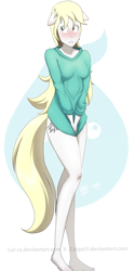 Size: 2000x4000 | Tagged: safe, artist:colgat3, derpibooru import, oc, oc only, anthro, plantigrade anthro, ambiguous facial structure, anthro oc, barefoot, blushing, bottomless, clothes, covering, embarrassed, feet, floppy ears, frown, gritted teeth, skinny, solo