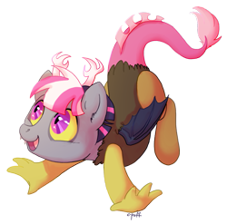 Size: 847x837 | Tagged: safe, artist:c-puff, derpibooru import, oc, oc only, oc:pandora, draconequus, antlers, draconequus oc, interspecies offspring, next generation, offspring, pandoraverse, parent:discord, parent:twilight sparkle, parents:discolight, simple background, solo, transparent background